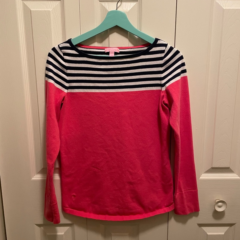 Coral and navy striped sweater